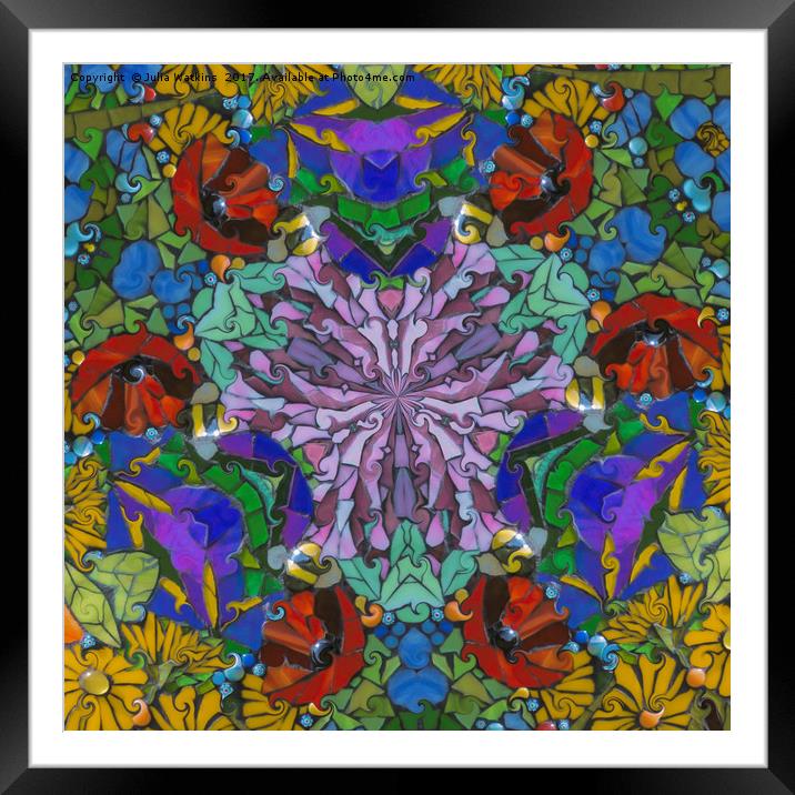 Poppies among flowers and foliage in mosaic style  Framed Mounted Print by Julia Watkins