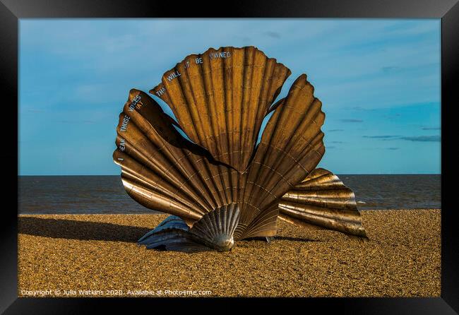 large shell sculpture at Aldburgh beach Framed Print by Julia Watkins