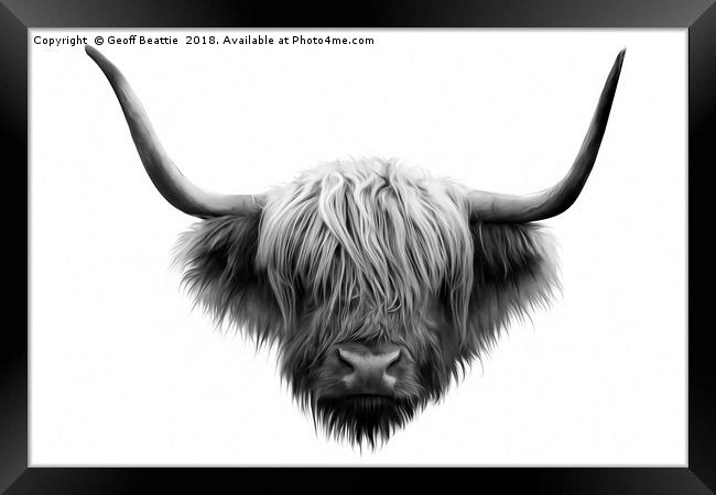 Highland cow cattle black and white abstract art Framed Print by Geoff Beattie