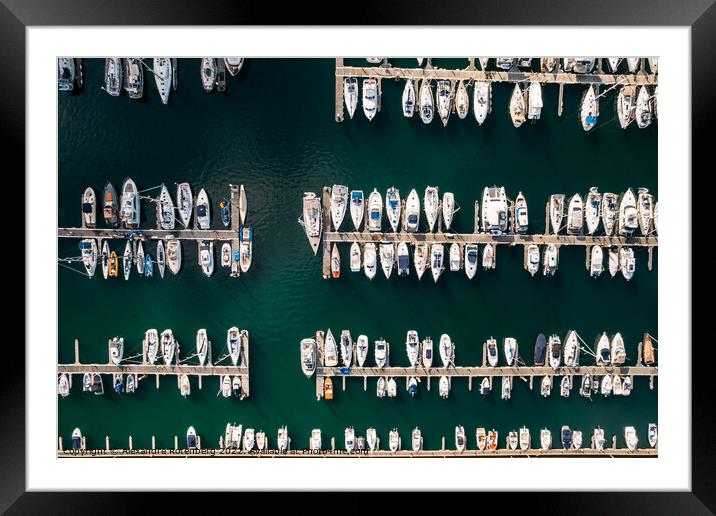 Aerial top down view of many luxurious yachts moored in marina Framed Mounted Print by Alexandre Rotenberg