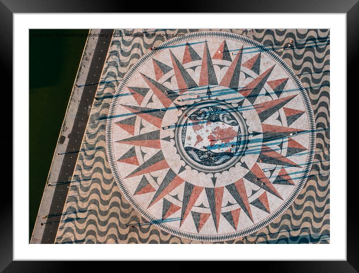 Top View of the Mosaic World Map showing the discoveries and routes in 15th 16th centuries at Monument of the Discoveries, Lisbon, Portugal Framed Mounted Print by Alexandre Rotenberg