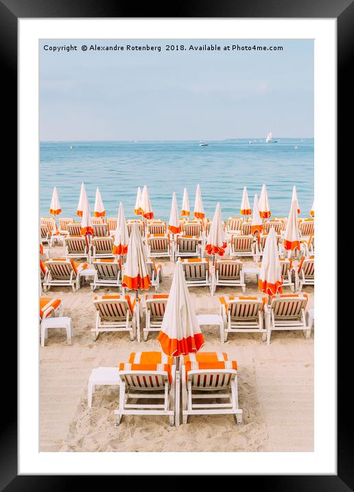 Rows of empty beach lounges in Juan les Pins, Fran Framed Mounted Print by Alexandre Rotenberg