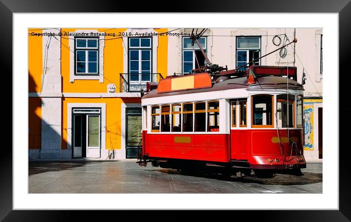 Vintage red and white tram on the street of Lisbon Framed Mounted Print by Alexandre Rotenberg