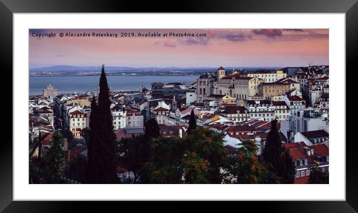 Lisbon, Portugal magenta sunset overlooking Baixa  Framed Mounted Print by Alexandre Rotenberg