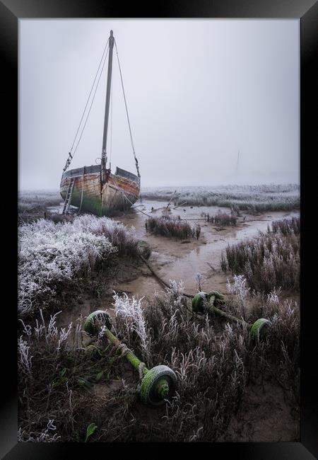 Beached Boat in the Fog Framed Print by Daniel Farrington