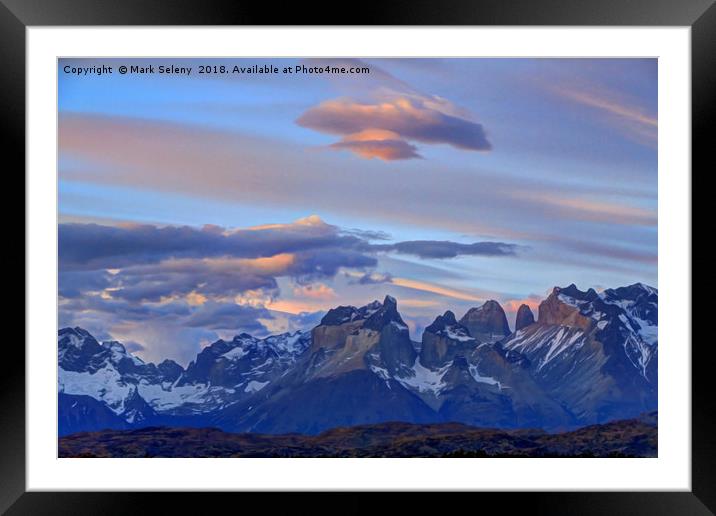 Sunrise clouds in Torres del Paine Mountains Framed Mounted Print by Mark Seleny