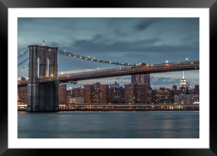 Brooklyn Bridge in New York at Sunset Framed Mounted Print by Tony Keogh