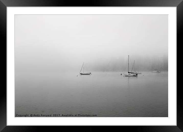 Yachts on a foggy lake Framed Mounted Print by Andy Aveyard