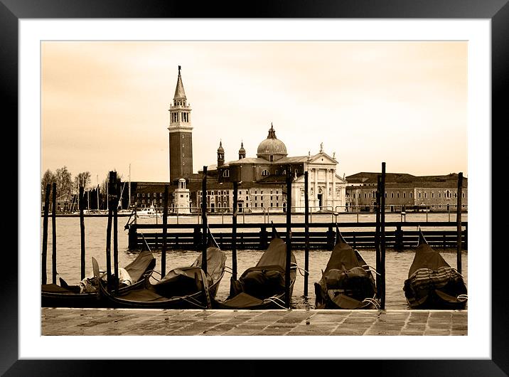 Gondolas and San Giorgio Maggiore, Venice, sepia Framed Mounted Print by Linda More