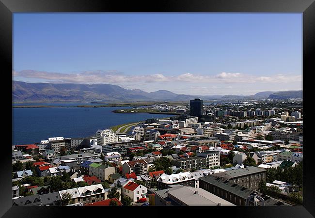Faxafloi Bay and cityscape, Reykjavik, Iceland Framed Print by Linda More