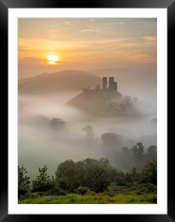 Misty Sunrise at Corfe Castle Framed Mounted Print by David Semmens