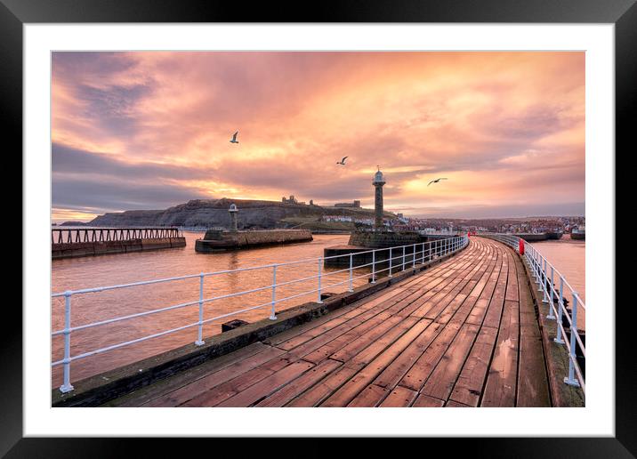 Whitby Pier Sunrise Framed Mounted Print by David Semmens