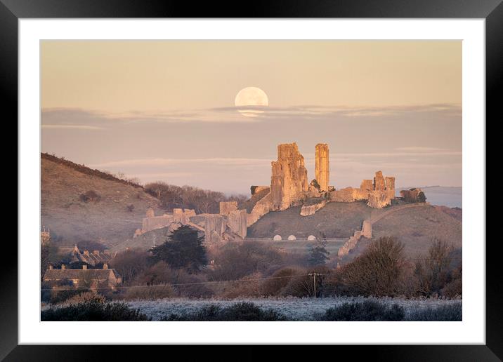 Corfe Castle under a setting moon Framed Mounted Print by David Semmens