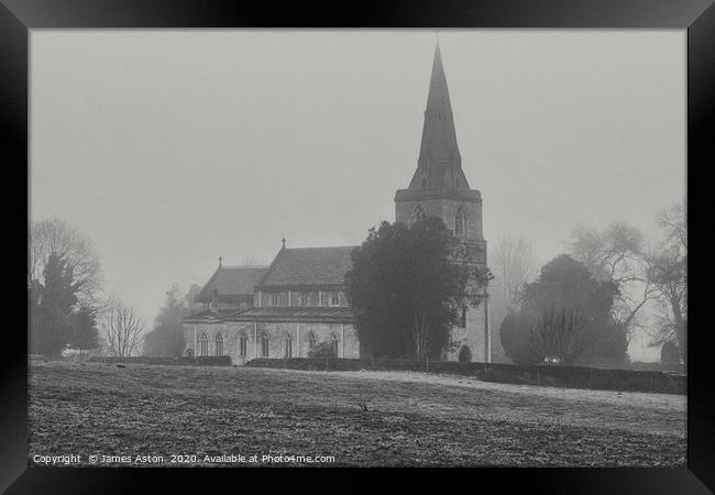 Misty Monring surrounding St Peters Church Denetho Framed Print by James Aston