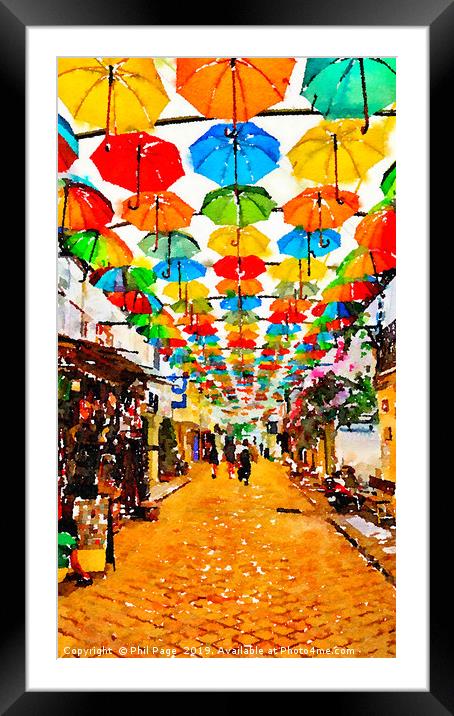 Umbrella Street Framed Mounted Print by Phil Page