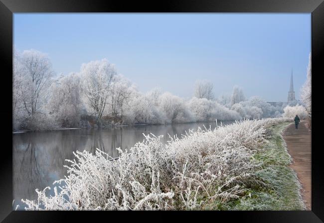 Walk along a scenic river Severn on a frosty morni Framed Print by Andrew Michael