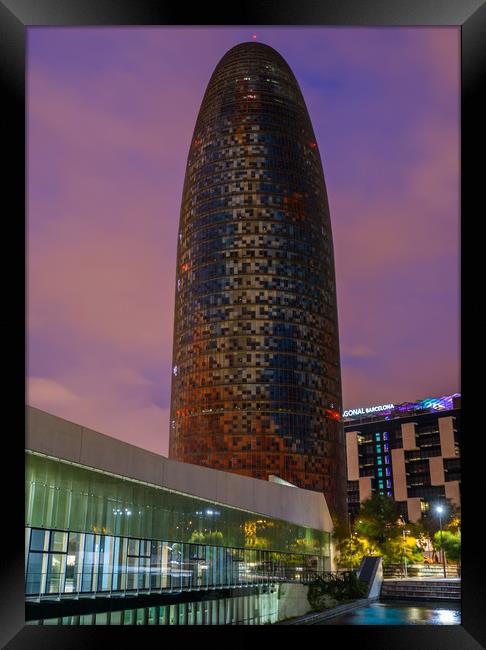 Night view of Torre Agbar Framed Print by Andrew Michael