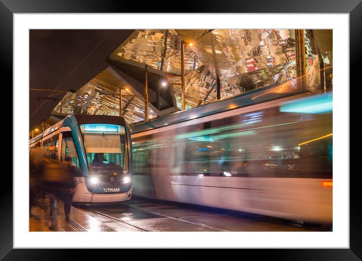 Night view of two trams at Glories station Framed Mounted Print by Andrew Michael