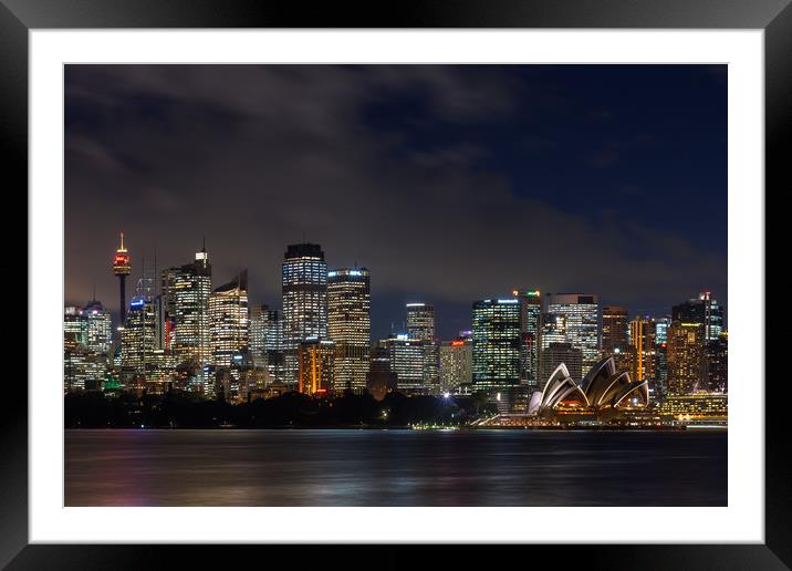 Sydney city skyline at night Framed Mounted Print by Andrew Michael