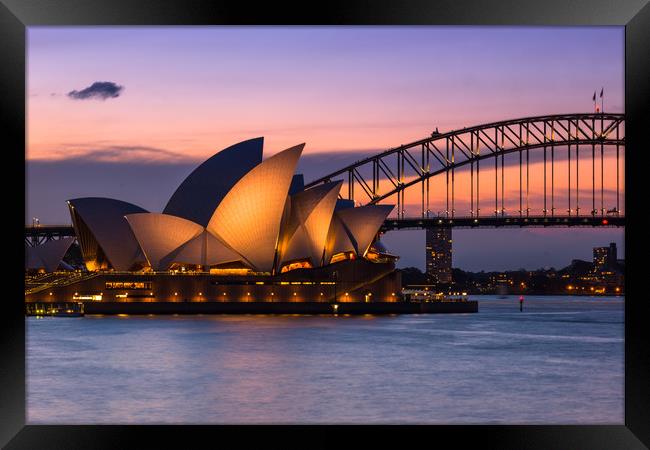 Sydney Opera House and Harbour bridge after sunset Framed Print by Andrew Michael