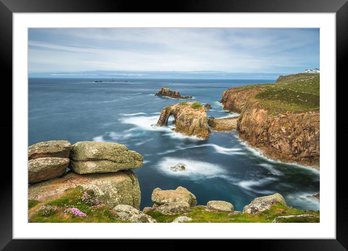 Enys Dodnan and the Armed Knight at Lands End Framed Mounted Print by Andrew Michael