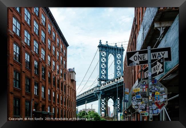 Iconic view of Manhattan Bridge from Brooklyn Framed Print by Ann Spells