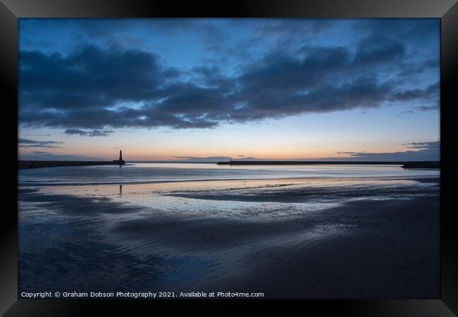 Roker Pier and Lighthouse, at ‘Blue Hour’ Framed Print by Graham Dobson