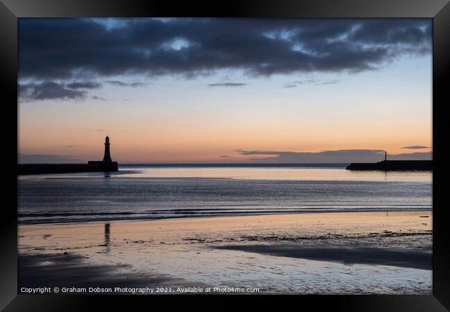 Roker Pier and Lighthouse at Sunrise  Framed Print by Graham Dobson