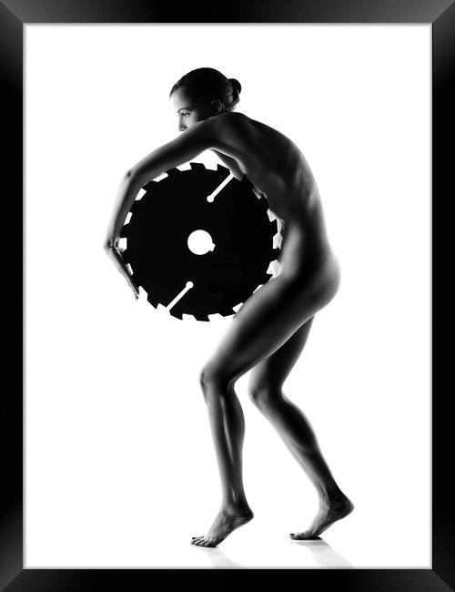 Nude woman with saw blade 1 Framed Print by Johan Swanepoel