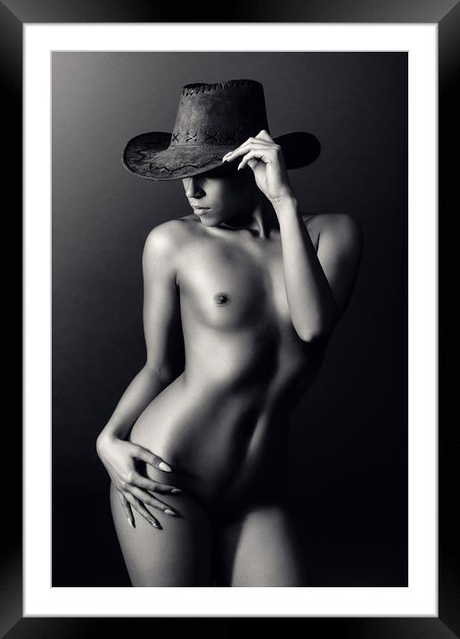 Nude woman cowboy hat Framed Mounted Print by Johan Swanepoel