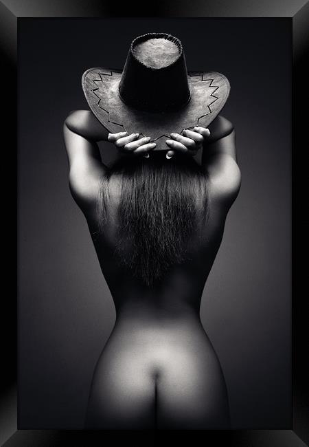 Nude woman cowboy hat 2 Framed Print by Johan Swanepoel