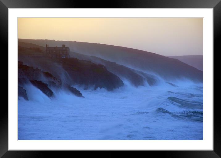 Storm Eunice - Porthleven Clifftop Framed Mounted Print by David Neighbour
