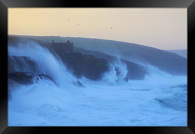 Storm Eunice - Porthleven Waves Framed Print by David Neighbour