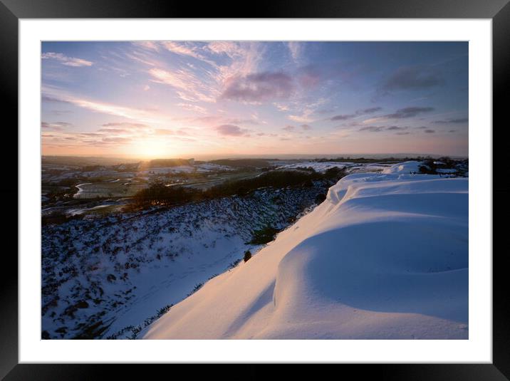 Pilsdon Pen Snowy Sunset Framed Mounted Print by David Neighbour