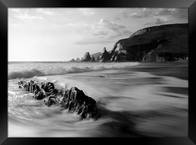 Westcombe Surf Black and White Framed Print by David Neighbour