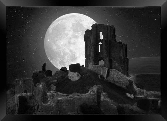 Corfe Moon - Black and White Framed Print by David Neighbour