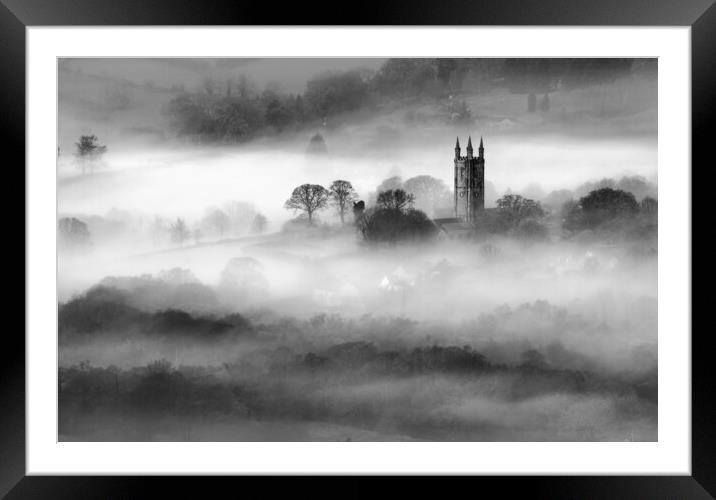 Widecombe-in-the-Mist - black and white Framed Mounted Print by David Neighbour