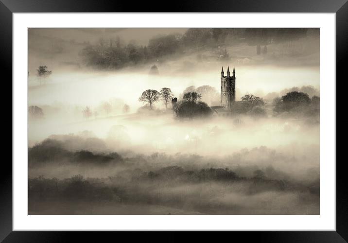 Widecombe-in-the-Mist - sepia Framed Mounted Print by David Neighbour