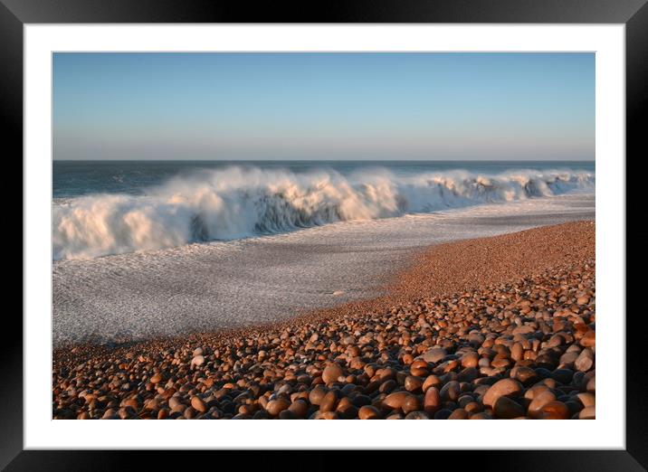 Pebbles, waves, sky. Framed Mounted Print by David Neighbour