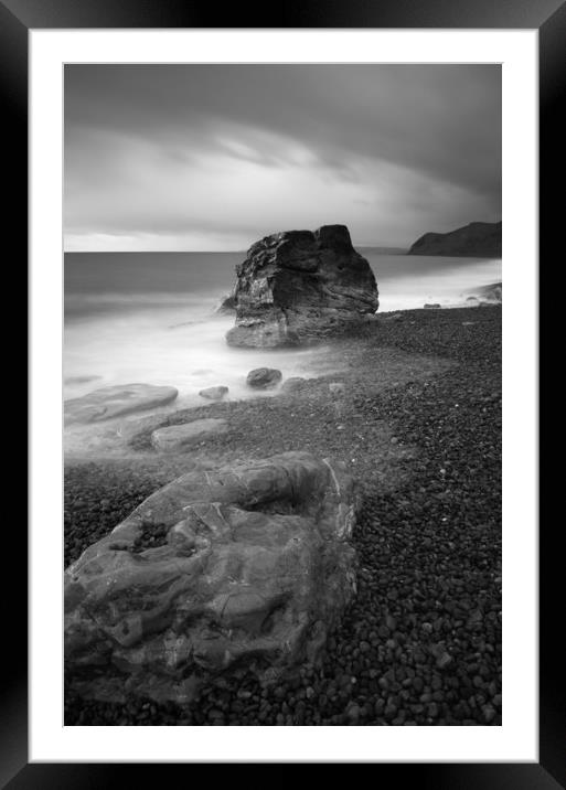 Eype Boulders Black and White Framed Mounted Print by David Neighbour