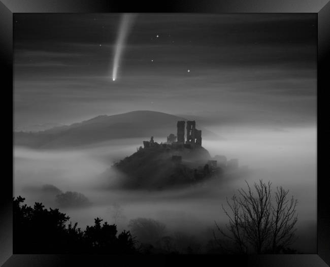 Corfe Castle Comet Mono Framed Print by David Neighbour