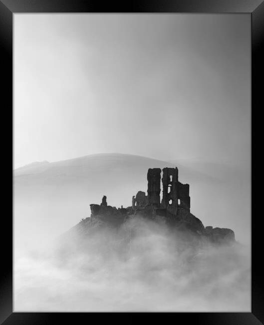 Corfe Castle, Black and White Framed Print by David Neighbour