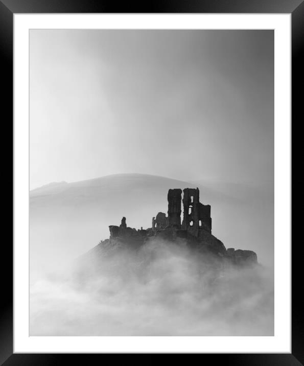 Corfe Castle, Black and White Framed Mounted Print by David Neighbour