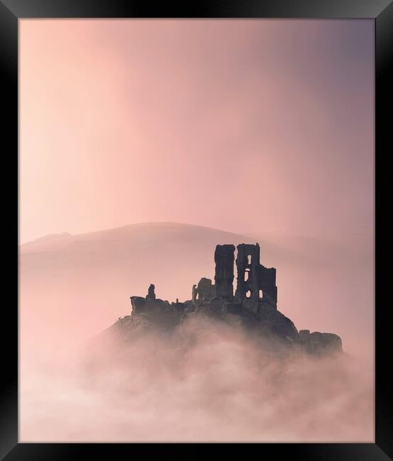 Corfe Castle Pink Mists Framed Print by David Neighbour