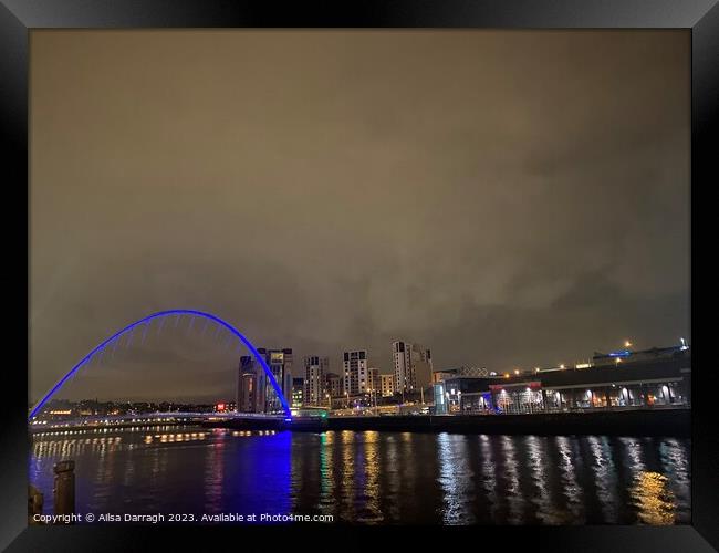 Blue light Millenium Bridge at night, Gateshead  Framed Print by Ailsa Darragh