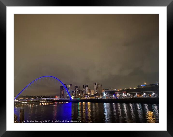 Blue light Millenium Bridge at night, Gateshead  Framed Mounted Print by Ailsa Darragh