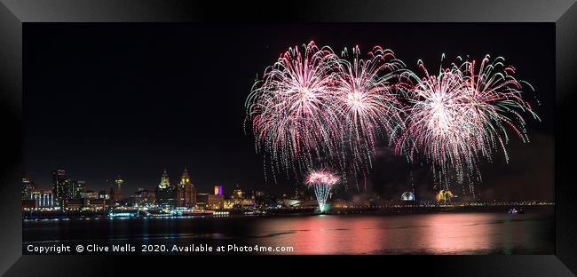 Fireworks over the waterfront at Liverpool Framed Print by Clive Wells