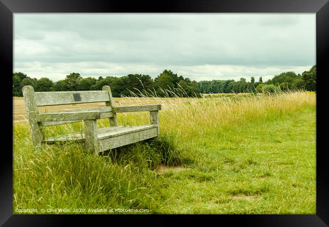 Lone seat on the grass at Sutton Bridge, Linconshi Framed Print by Clive Wells