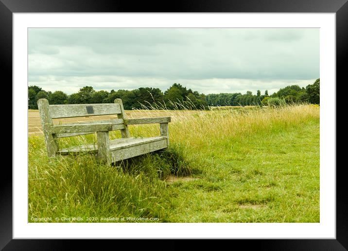 Lone seat on the grass at Sutton Bridge, Linconshi Framed Mounted Print by Clive Wells
