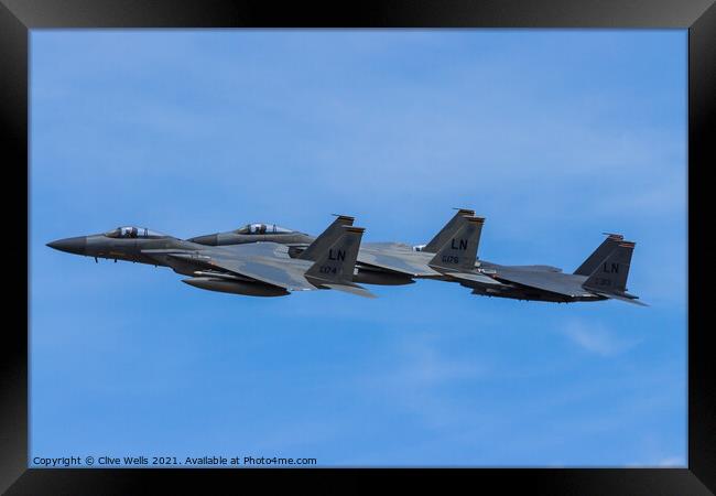 Three F-15`s overfly RAF Fairford Framed Print by Clive Wells